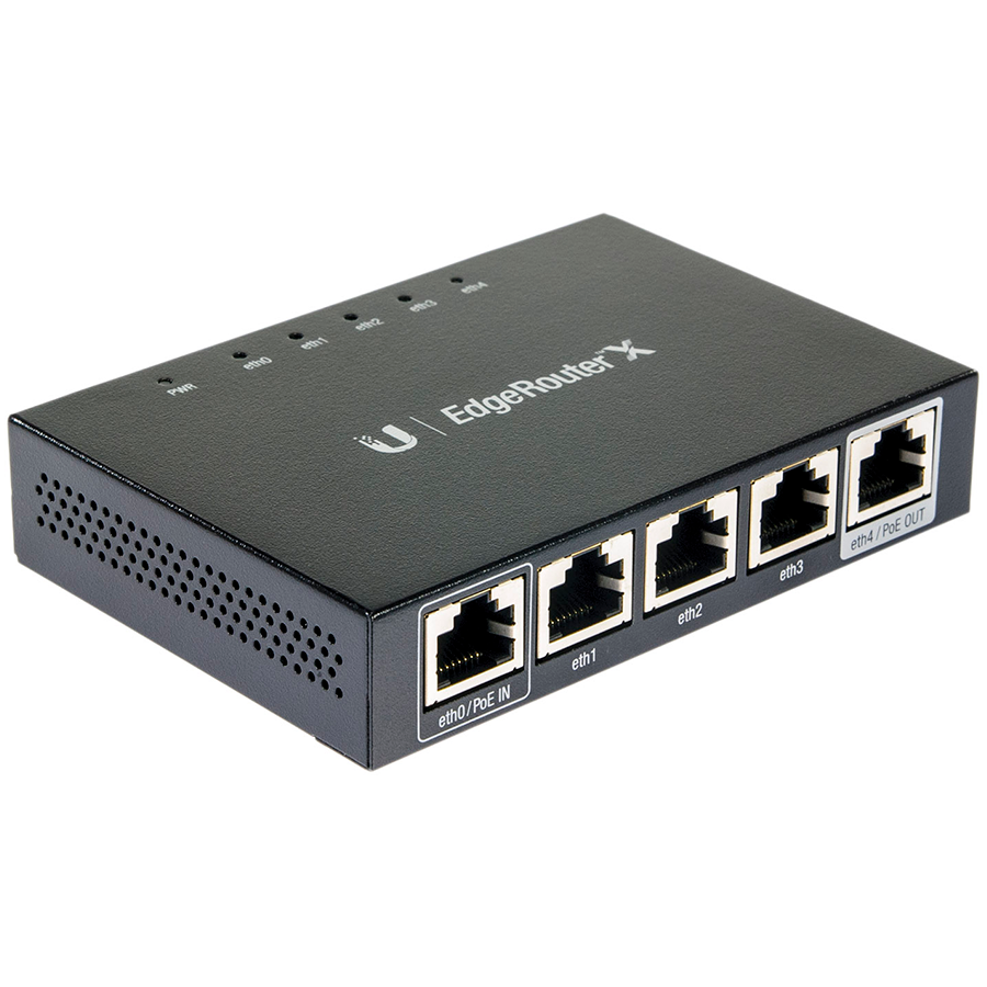UBIQUITI EdgeRouter X; 1) GbE, 24V passive PoE RJ45 input; 3) GbE RJ45 ports; 1) GbE PoE passthrough output. – product photo