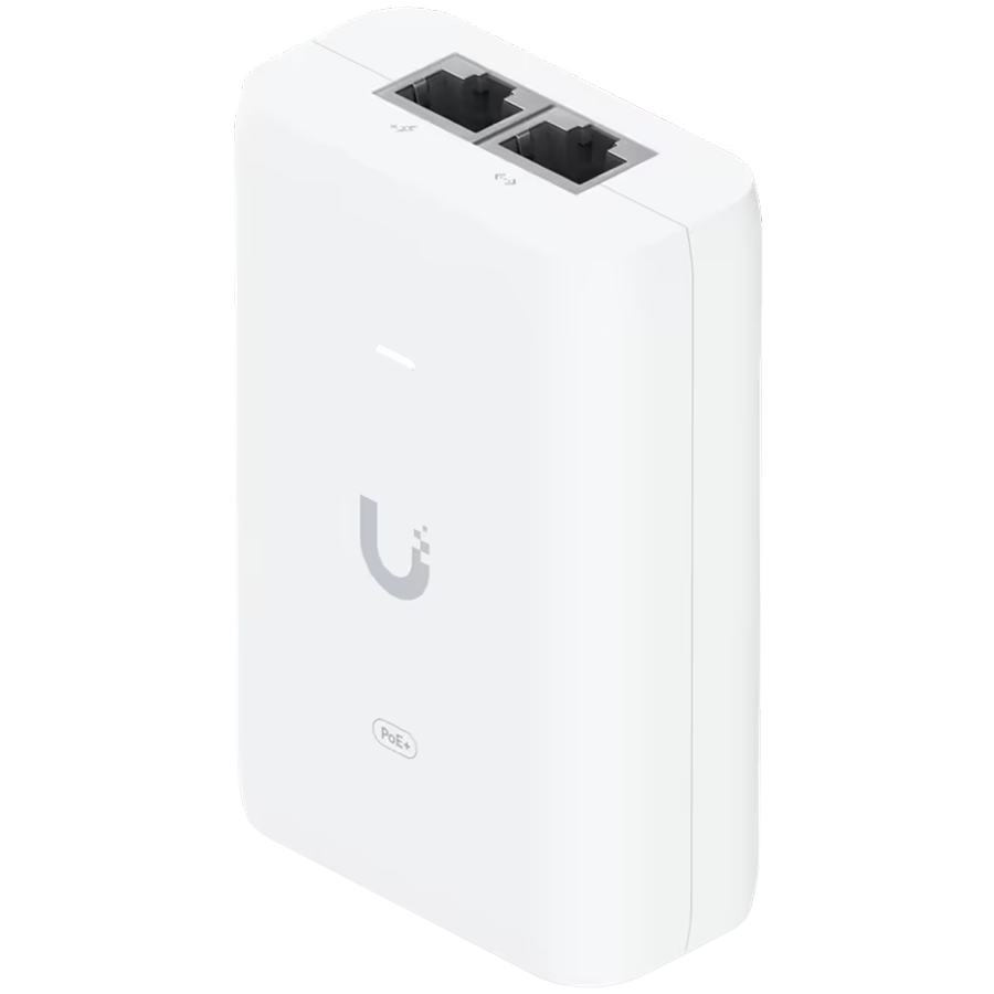Ubiquiti U-POE+ adapter 30W, powers UniFi PoE+ devices, reduce dependency on PoE switch power, Contains RJ45 data input, AC cable with earth ground, and PoE+ output