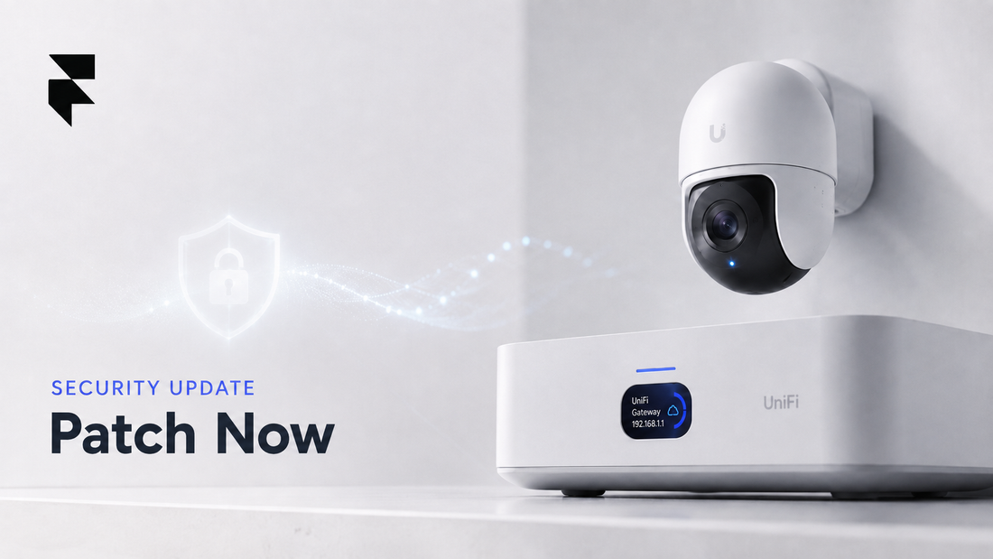Ubiquiti UniFi Protect camera and gateway with a Security Update, Patch Now graphic overlay