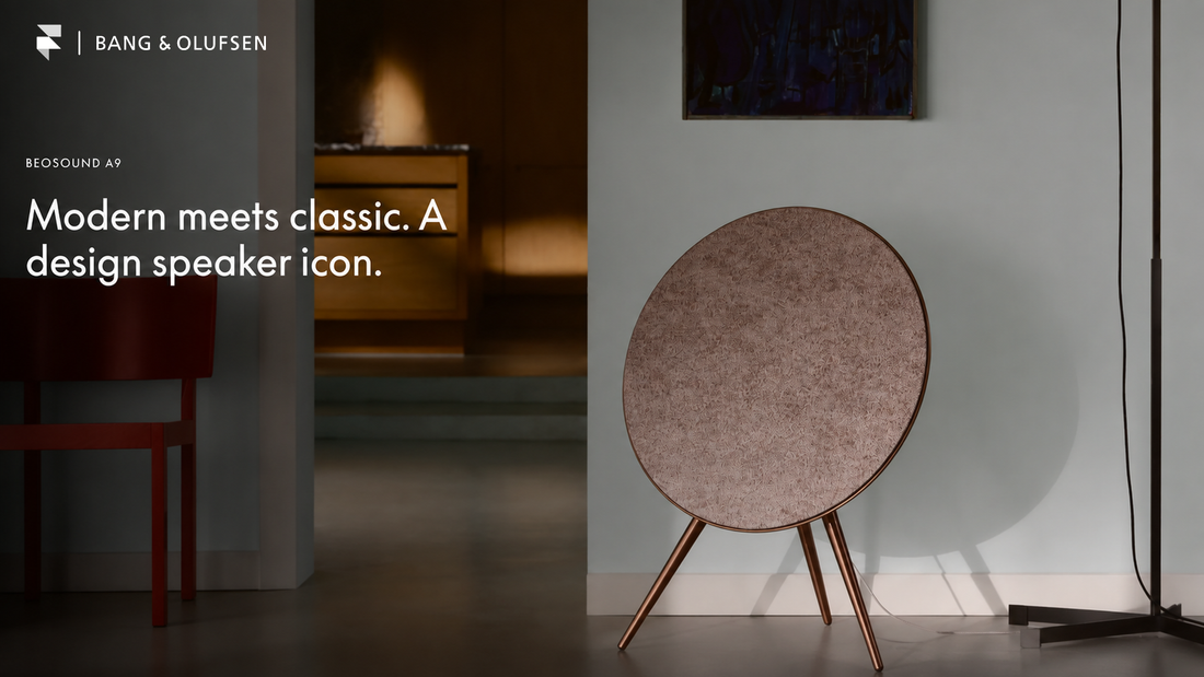 Bang & Olufsen Beosound A9 speaker with a Woolscape wool fabric grille in a modern living room