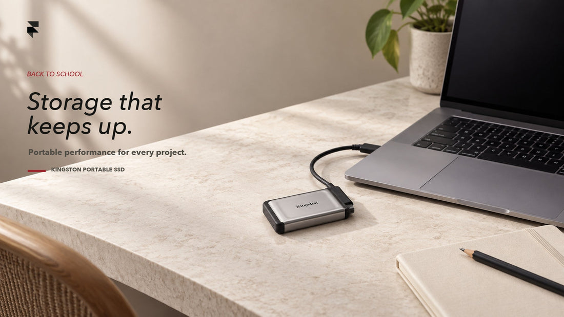 Kingston Portable SSD connected to a MacBook laptop, Florence Trading UAE back-to-school storage and SSD upgrade guide for students