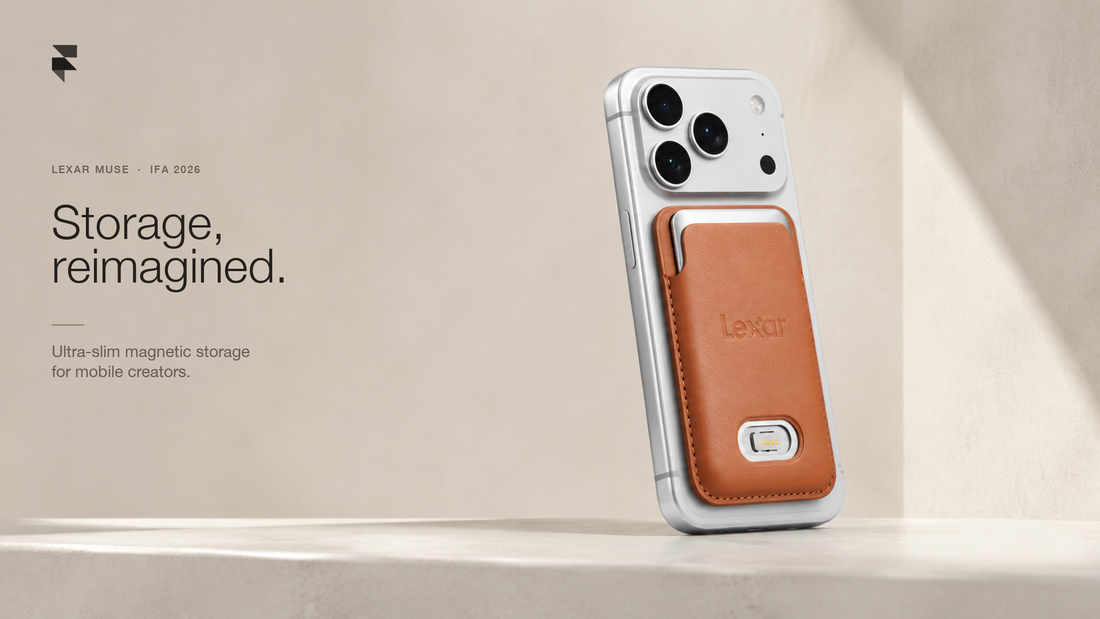 Florence Trading graphic for the Lexar Muse, an ultra-slim magnetic portable SSD attached to the back of an iPhone