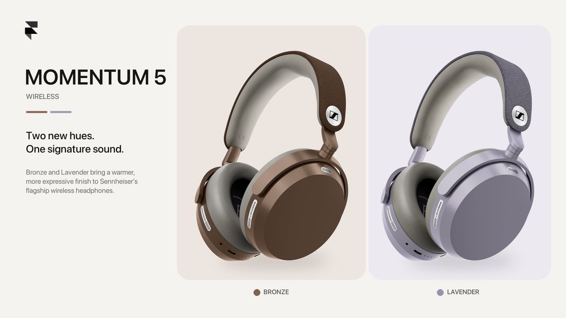 Sennheiser MOMENTUM 5 Wireless noise cancelling headphones in new Bronze and Lavender colours, side by side