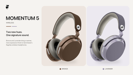 Sennheiser MOMENTUM 5 Wireless noise cancelling headphones in new Bronze and Lavender colours, side by side