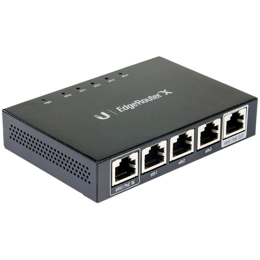 UBIQUITI EdgeRouter X; 1) GbE, 24V passive PoE RJ45 input; 3) GbE RJ45 ports; 1) GbE PoE passthrough output. – product photo