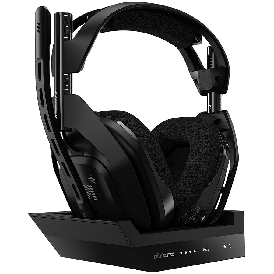 Logitech Astro A50 Gen 4 wireless gaming headset with charging base station in black