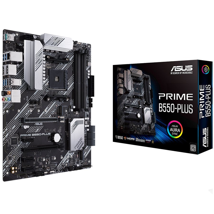 ASUS PRIME B550-PLUS AM4 ATX MB - AMD B550 4xDIMM DDR4 2xM.2 6xSATA PCIe 4.0 1Gb Ethernet 1xDisplayPort 1xHDMI with Aura Sync RGB headers support - product photo