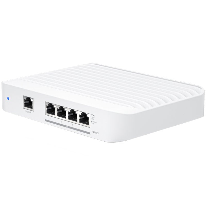 Layer 2 switch with (4) 10GbE RJ45 ports and (1) GbE, 802.3at PoE+ RJ45 input.The Switch Flex XG by Ubiquiti – product photo