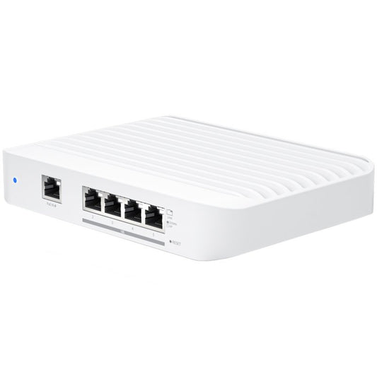 Layer 2 switch with (4) 10GbE RJ45 ports and (1) GbE, 802.3at PoE+ RJ45 input.The Switch Flex XG by Ubiquiti – product photo