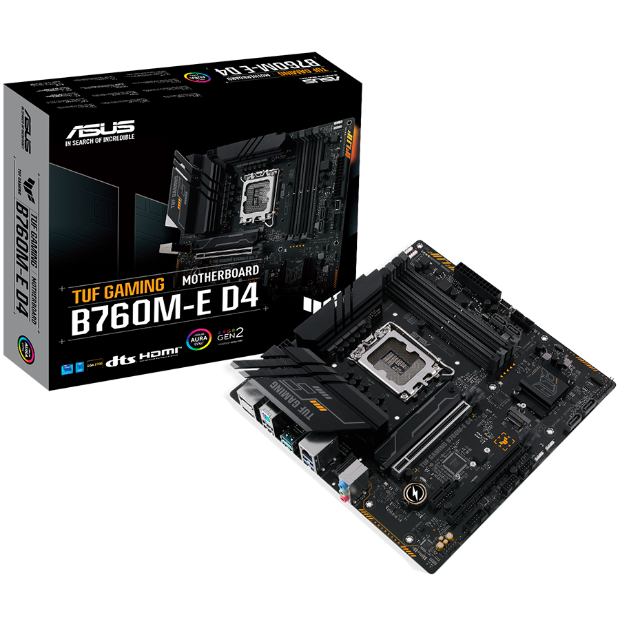 ASUS MB TUF GAMING B760M-E D4  B760, LGA1700,  4xDDR4, 2PCI-Ex16, 4SATA3, 7.1-ch, 2.5GLAN, 6 USB 3.2, 1 USB Type-C, HDMI, DP, mATX, - product photo