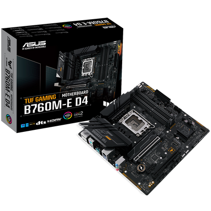 ASUS MB TUF GAMING B760M-E D4  B760, LGA1700,  4xDDR4, 2PCI-Ex16, 4SATA3, 7.1-ch, 2.5GLAN, 6 USB 3.2, 1 USB Type-C, HDMI, DP, mATX, - product photo