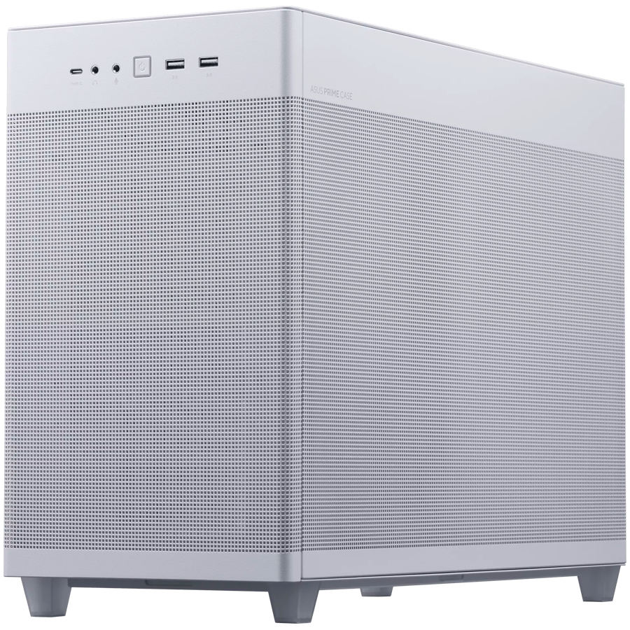 ASUS Prime AP201 MicroATX Case White - stylish 33-liter MicroATX case with tool-free side panels and a quasi-filter mesh, with support for 360 mm coolers, graphics cards up to 338 mm long, and standard ATX PSUs - product photo