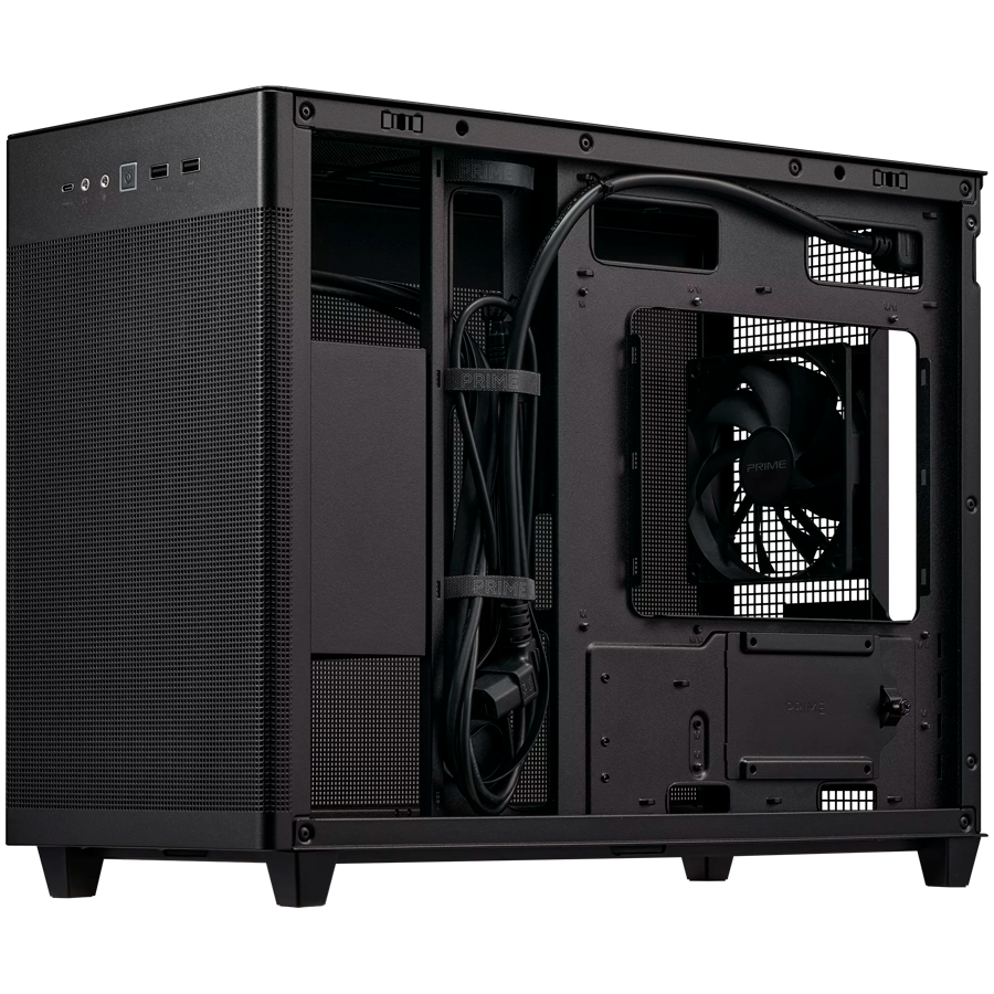 ASUS Prime AP201 MicroATX Case Black - stylish 33-liter MicroATX case with tool-free side panels and a quasi-filter mesh, with support for 360 mm coolers, graphics cards up to 338 mm long, and standard ATX PSUs - image 3