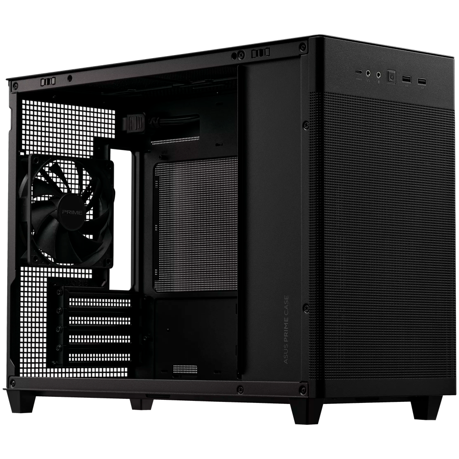 ASUS Prime AP201 MicroATX Case Black - stylish 33-liter MicroATX case with tool-free side panels and a quasi-filter mesh, with support for 360 mm coolers, graphics cards up to 338 mm long, and standard ATX PSUs - image 4