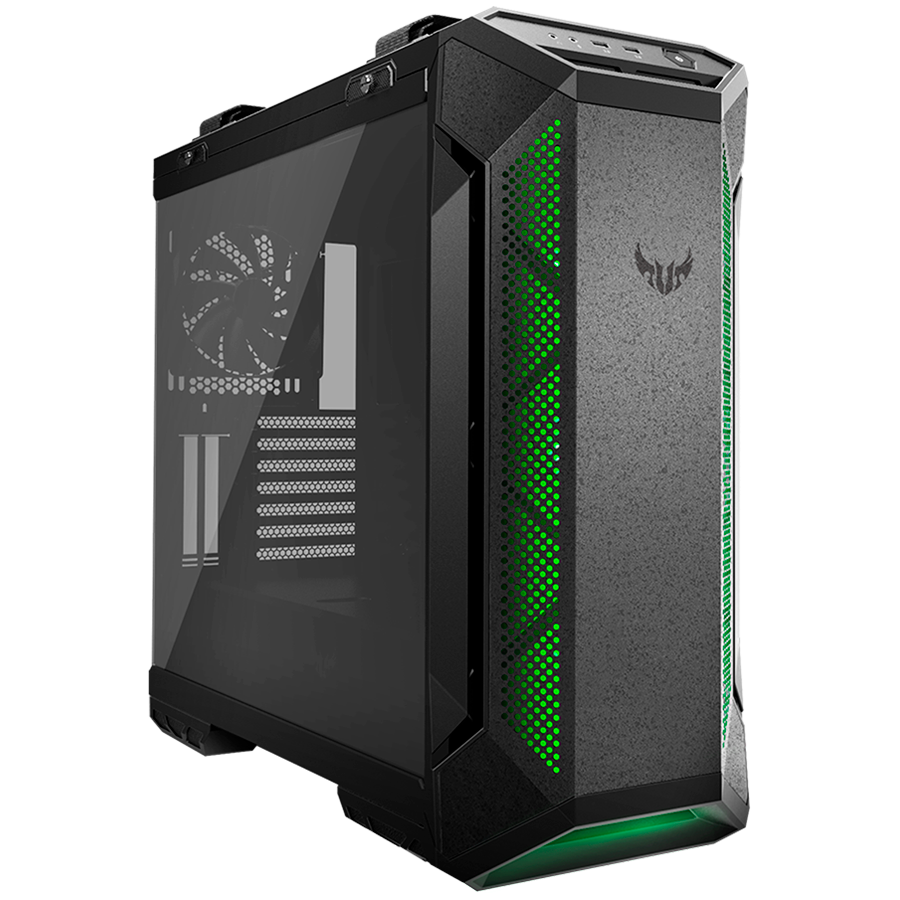 ASUS TUF Gaming GT501 case supports up to EATX with metal front panel, tempered-glass side panel, 120 mm RGB fan, 140 mm PWM fan, radiator space reserved, and USB 3.1 Gen 1 - product photo