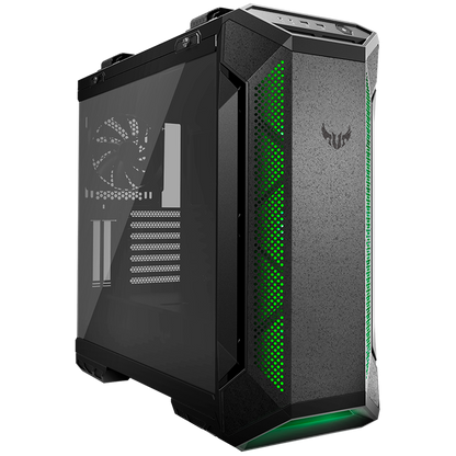 ASUS TUF Gaming GT501 case supports up to EATX with metal front panel, tempered-glass side panel, 120 mm RGB fan, 140 mm PWM fan, radiator space reserved, and USB 3.1 Gen 1 - product photo