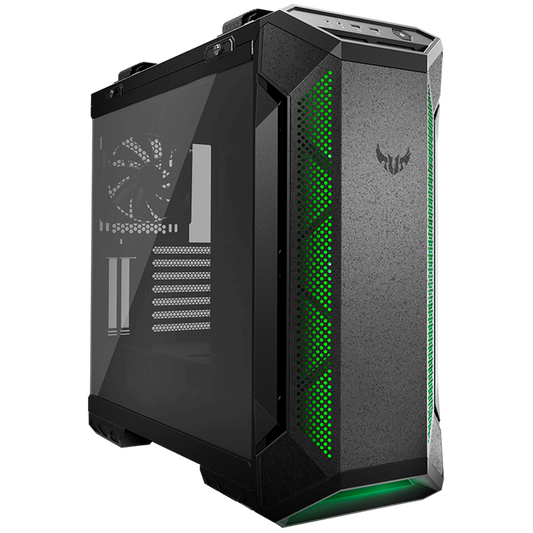 ASUS TUF Gaming GT501 case supports up to EATX with metal front panel, tempered-glass side panel, 120 mm RGB fan, 140 mm PWM fan, radiator space reserved, and USB 3.1 Gen 1 - product photo