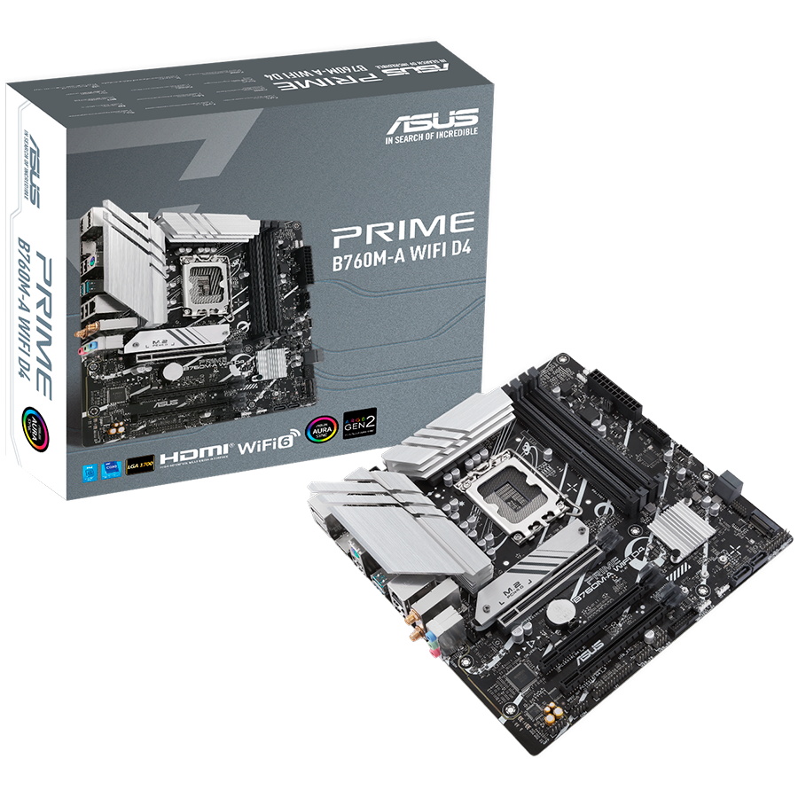 ASUS PRIME B760M-A WIFI D4 LGA1700 mATX MB - Intel B760 4xDIMM DDR4 2xM.2 4xSATA PCIe 4.0 2.5Gb Ethernet WiFi 6 + Bluetooth 1xDisplayPort 2xHDMI with Aura Sync support - product photo