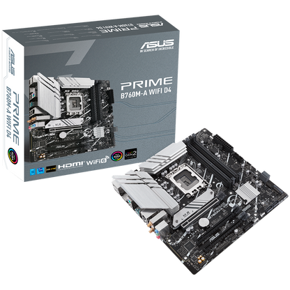 ASUS PRIME B760M-A WIFI D4 LGA1700 mATX MB - Intel B760 4xDIMM DDR4 2xM.2 4xSATA PCIe 4.0 2.5Gb Ethernet WiFi 6 + Bluetooth 1xDisplayPort 2xHDMI with Aura Sync support - product photo