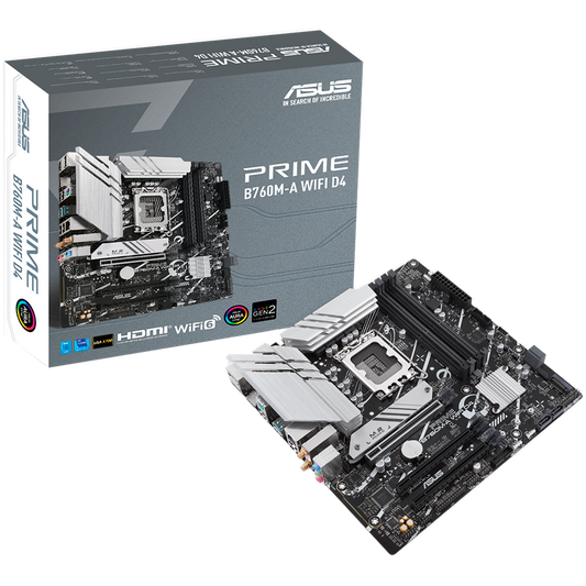 ASUS PRIME B760M-A WIFI D4 LGA1700 mATX MB - Intel B760 4xDIMM DDR4 2xM.2 4xSATA PCIe 4.0 2.5Gb Ethernet WiFi 6 + Bluetooth 1xDisplayPort 2xHDMI with Aura Sync support - product photo