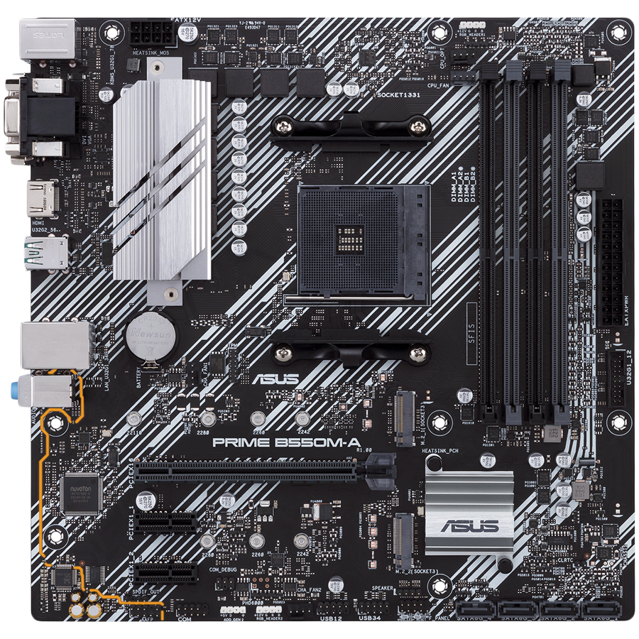 ASUS PRIME B550M-A/CSM AM4 mATX MB - AMD B550 4xDIMM DDR4 2xM.2 4xSATA PCIe 4.0 1Gb Ethernet 1xD-SUB 1xDVI-D 1xHDMI with Aura Sync RGB headers support - product photo