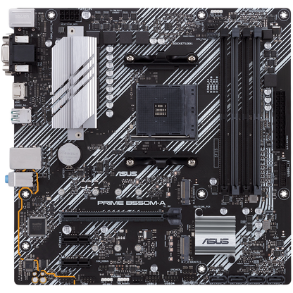 ASUS PRIME B550M-A/CSM AM4 mATX MB - AMD B550 4xDIMM DDR4 2xM.2 4xSATA PCIe 4.0 1Gb Ethernet 1xD-SUB 1xDVI-D 1xHDMI with Aura Sync RGB headers support - product photo