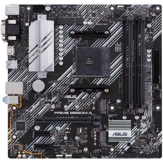 ASUS PRIME B550M-A/CSM AM4 mATX MB - AMD B550 4xDIMM DDR4 2xM.2 4xSATA PCIe 4.0 1Gb Ethernet 1xD-SUB 1xDVI-D 1xHDMI with Aura Sync RGB headers support - product photo