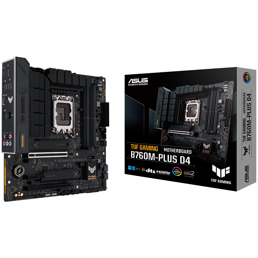 ASUS TUF GAMING B760M-PLUS D4 LGA1700 mATX gaming MB - Intel B760 4xDIMM DDR4 2xM.2 4xSATA PCIe 5.0 2.5Gb Ethernet 1xDisplayPort 1xHDMI with Aura Sync support - product photo