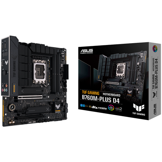 ASUS TUF GAMING B760M-PLUS D4 LGA1700 mATX gaming MB - Intel B760 4xDIMM DDR4 2xM.2 4xSATA PCIe 5.0 2.5Gb Ethernet 1xDisplayPort 1xHDMI with Aura Sync support - product photo