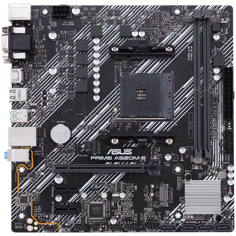 ASUS PRIME A520M-E/CSM AM4 mATX MB - AMD A520 2xDIMM DDR4 1xM.2 4xSATA PCIe 3.0 1Gb Ethernet 1xD-SUB 1xDVI-D 1xHDMI - product photo