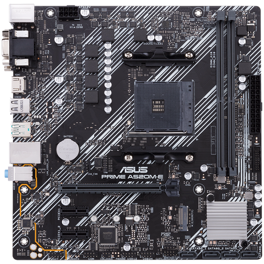 ASUS PRIME A520M-E/CSM AM4 mATX MB - AMD A520 2xDIMM DDR4 1xM.2 4xSATA PCIe 3.0 1Gb Ethernet 1xD-SUB 1xDVI-D 1xHDMI - product photo