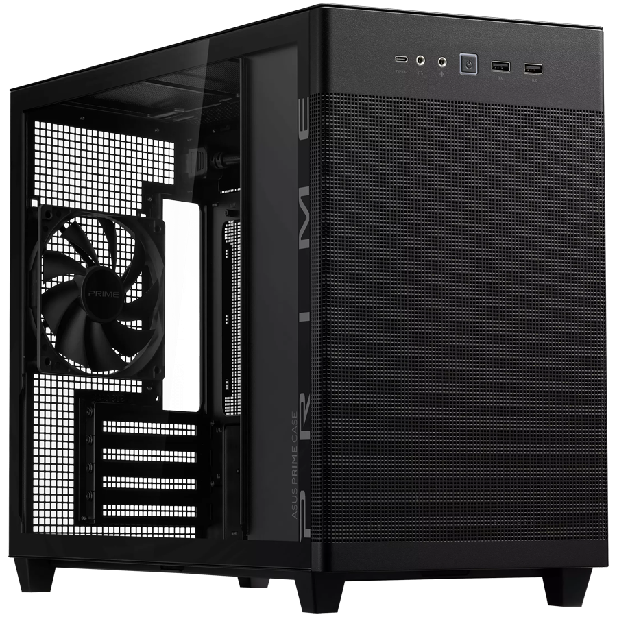 ASUS Prime AP201 Tempered Glass MicroATX Case Black - stylish 33-liter MicroATX case with tool-free side panels, with support for 360 mm coolers, graphics cards up to 338 mm long, and standard ATX PSUs - product photo