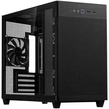 ASUS Prime AP201 Tempered Glass MicroATX Case Black - stylish 33-liter MicroATX case with tool-free side panels, with support for 360 mm coolers, graphics cards up to 338 mm long, and standard ATX PSUs - product photo