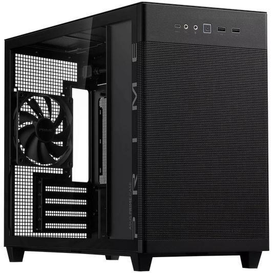 ASUS Prime AP201 Tempered Glass MicroATX Case Black - stylish 33-liter MicroATX case with tool-free side panels, with support for 360 mm coolers, graphics cards up to 338 mm long, and standard ATX PSUs - product photo