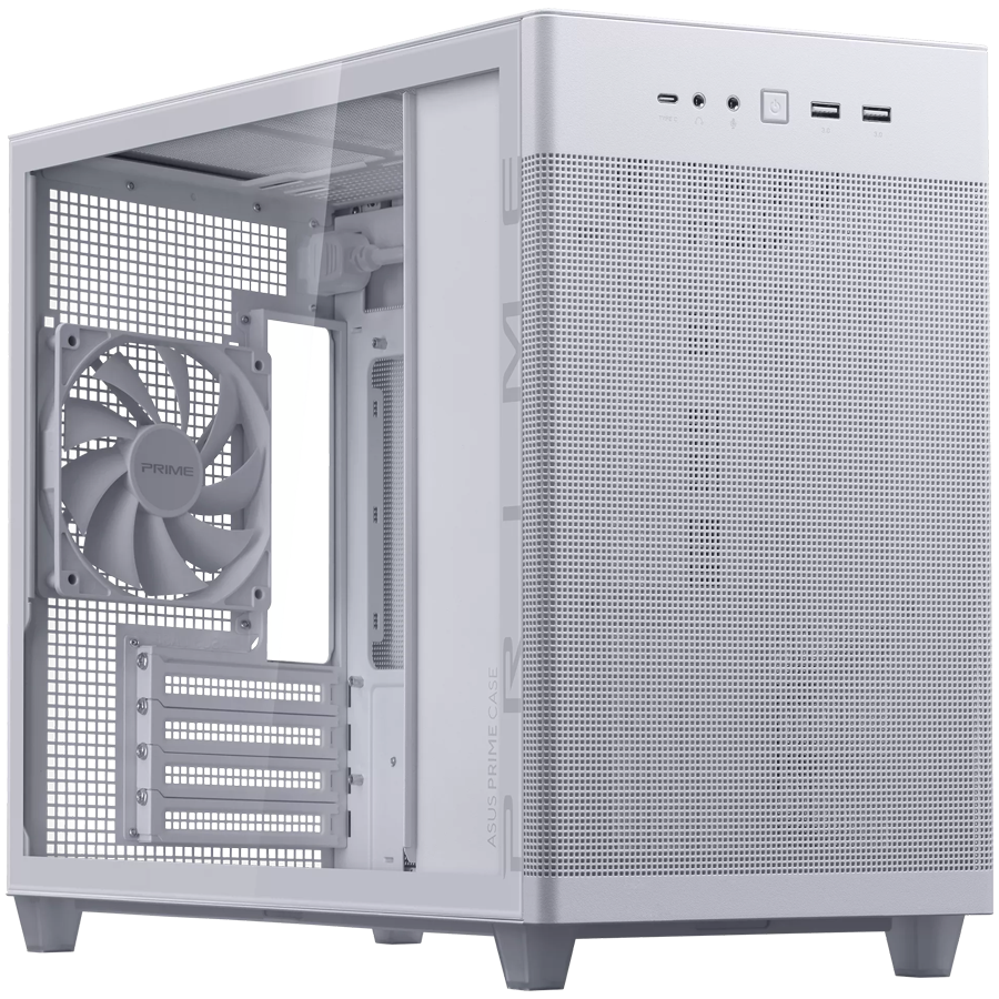 ASUS Prime AP201 Tempered Glass MicroATX Case White - stylish 33-liter MicroATX case with tool-free side panels, with support for 360 mm coolers, graphics cards up to 338 mm long, and standard ATX PSUs - product photo