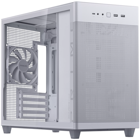 ASUS Prime AP201 Tempered Glass MicroATX Case White - stylish 33-liter MicroATX case with tool-free side panels, with support for 360 mm coolers, graphics cards up to 338 mm long, and standard ATX PSUs - product photo