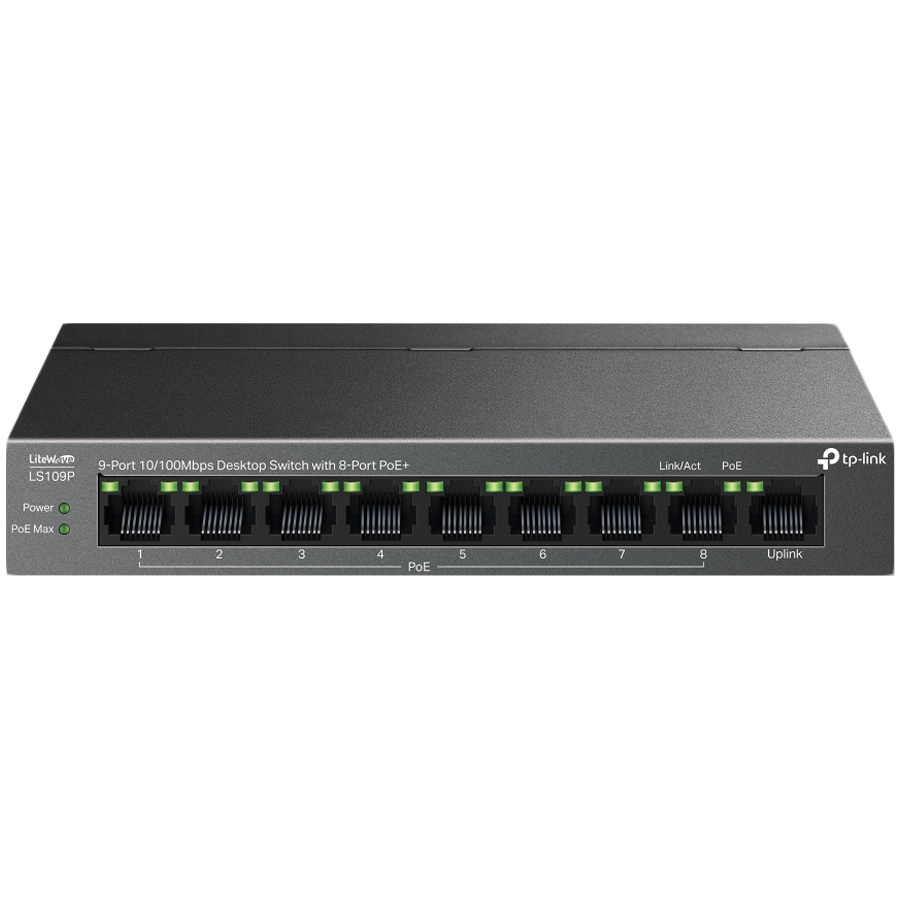 TP-Link LS109P 9-Port 10/100 Mbps Desktop Switch with 8-Port PoE+, 8× 10/100 Mbps PoE+ Ports, 1× 10 – product photo
