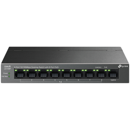 TP-Link LS109P 9-Port 10/100 Mbps Desktop Switch with 8-Port PoE+, 8× 10/100 Mbps PoE+ Ports, 1× 10 – product photo