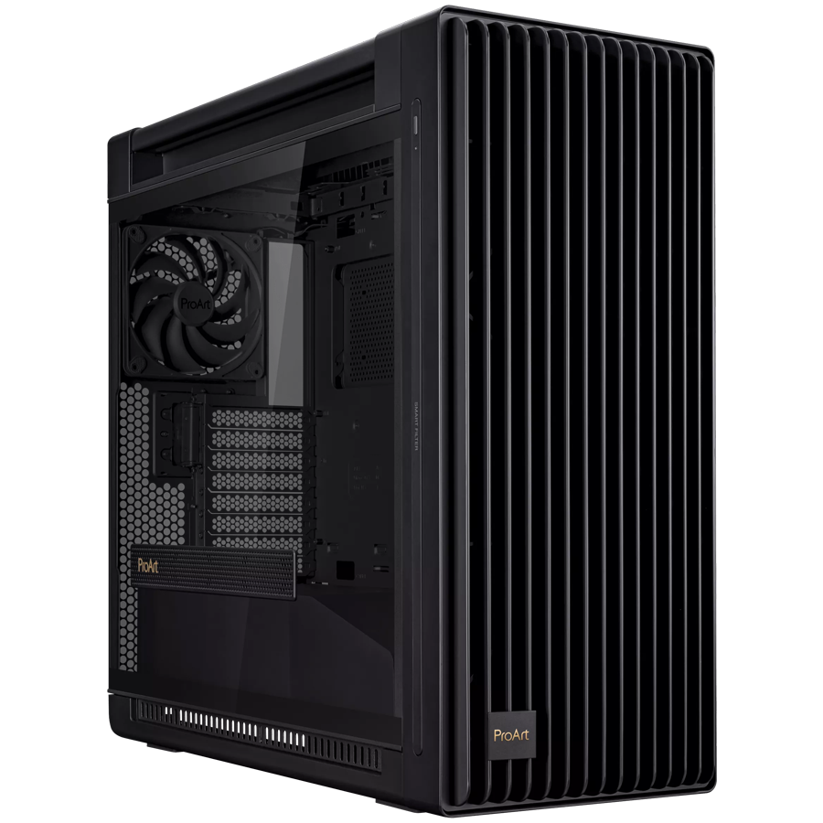 ASUS ProArt PA602 E-ATX Computer case, 420 mm radiator support, one 140 mm and two 200mm pre-installed system fans, front panel IR dust indicator, power lock latch, tool-less PCIe mounting, USB 20Gbps support - product photo