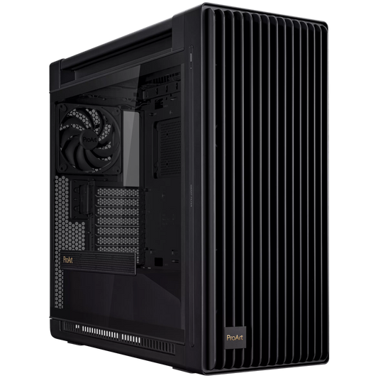 ASUS ProArt PA602 E-ATX Computer case, 420 mm radiator support, one 140 mm and two 200mm pre-installed system fans, front panel IR dust indicator, power lock latch, tool-less PCIe mounting, USB 20Gbps support - product photo