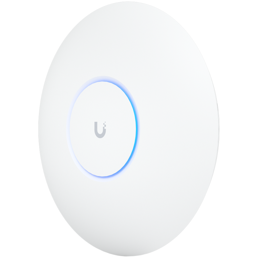 UBIQUITI U6 Pro; WiFi 6; 6 spatial streams; 140 m² (1,500 ft²) coverage; 350+ connected devices; Powered – product photo