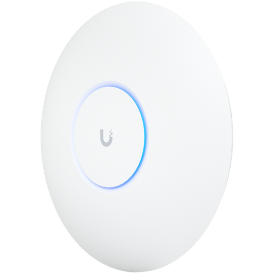 UBIQUITI U6 Pro; WiFi 6; 6 spatial streams; 140 m² (1,500 ft²) coverage; 350+ connected devices; Powered – product photo