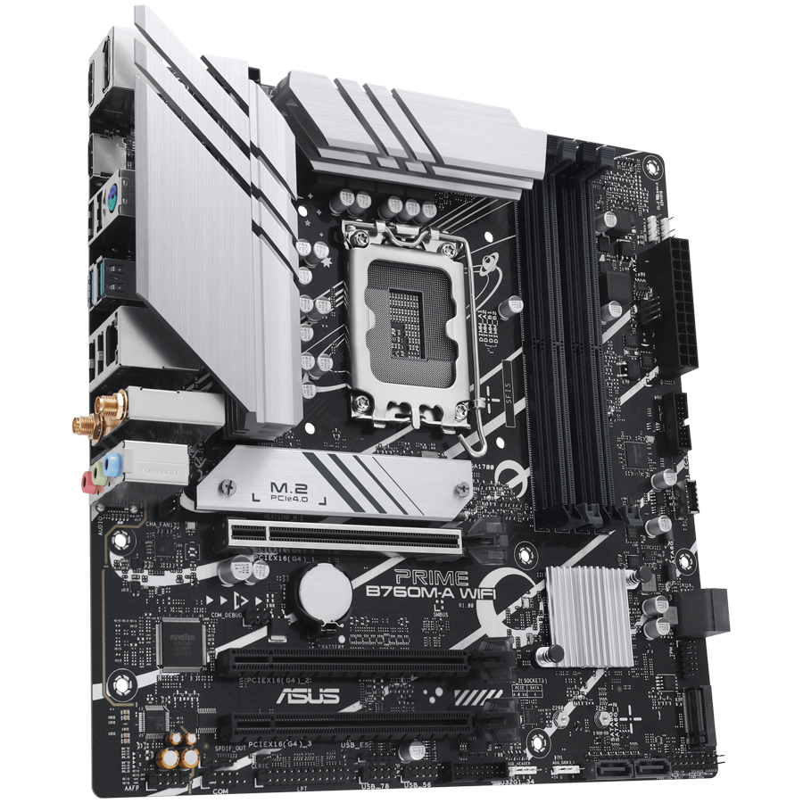 ASUS PRIME B760M-A WIFI LGA1700 mATX MB - Intel B760 4xDIMM DDR5 2xM.2 4xSATA PCIe 4.0 2.5Gb Ethernet WiFi 6 + Bluetooth 1xDisplayPort 2xHDMI with Aura Sync support - product photo