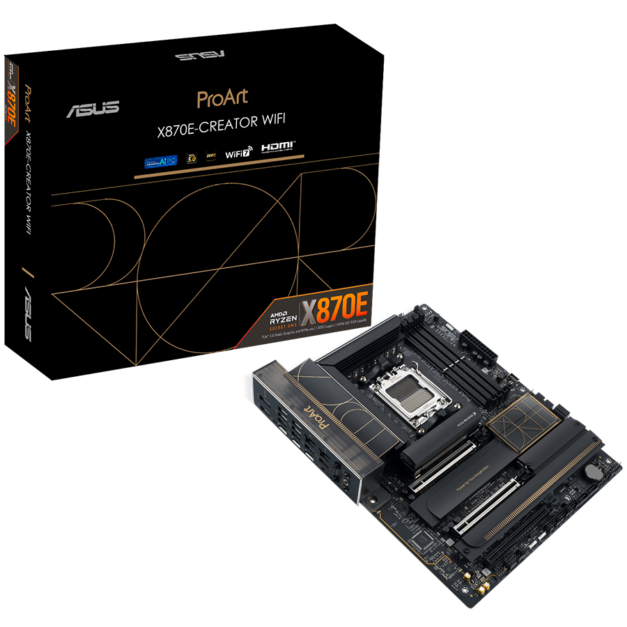 ASUS PROART X870E-CREATOR WIFI AM5 ATX professional MB - AMD X870E 4xDIMM DDR5 4xM.2 4xSATA PCIe 5.0 10Gb + 2.5Gb Ethernet WiFi 7 + Bluetooth 1xHDMI 2xUSB4 40Gbps ports (USB Type-C) with Aura Sync - product photo