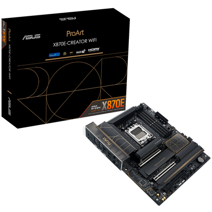 ASUS PROART X870E-CREATOR WIFI AM5 ATX professional MB - AMD X870E 4xDIMM DDR5 4xM.2 4xSATA PCIe 5.0 10Gb + 2.5Gb Ethernet WiFi 7 + Bluetooth 1xHDMI 2xUSB4 40Gbps ports (USB Type-C) with Aura Sync - product photo