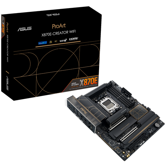 ASUS PROART X870E-CREATOR WIFI AM5 ATX professional MB - AMD X870E 4xDIMM DDR5 4xM.2 4xSATA PCIe 5.0 10Gb + 2.5Gb Ethernet WiFi 7 + Bluetooth 1xHDMI 2xUSB4 40Gbps ports (USB Type-C) with Aura Sync - product photo