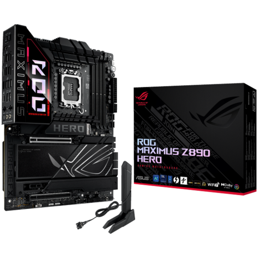 ASUS ROG MAXIMUS Z890 HERO LGA1851 ATX gaming MB - Intel Z890 4xDIMM DDR5 6xM.2 1xSlimSAS 4xSATA PCIe 5.0 5Gb + 2.5Gb Ethernet WiFi 7 + Bluetooth 1xHDMI 2xIntel Thunderbolt 4 ports (USB Type-C) with Aura Sync - product photo