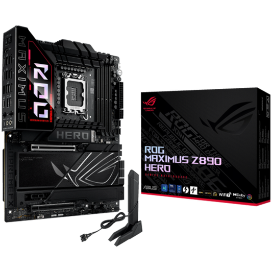 ASUS ROG MAXIMUS Z890 HERO LGA1851 ATX gaming MB - Intel Z890 4xDIMM DDR5 6xM.2 1xSlimSAS 4xSATA PCIe 5.0 5Gb + 2.5Gb Ethernet WiFi 7 + Bluetooth 1xHDMI 2xIntel Thunderbolt 4 ports (USB Type-C) with Aura Sync - product photo
