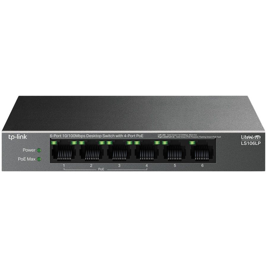 TP-Link LS106LP 6-Port 10/100 Mbps Desktop Switch with 4-Port PoE, 4× 10/100 Mbps PoE Ports, 2× 10 – product photo