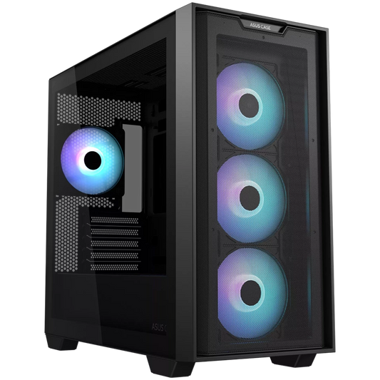 ASUS A21 PLUS Tempered Glass microATX case Black, support for hidden-connector motherboards, 360 mm radiators and 380 mm graphics cards, four pre-installed ARGB fans and clean cable management - product photo